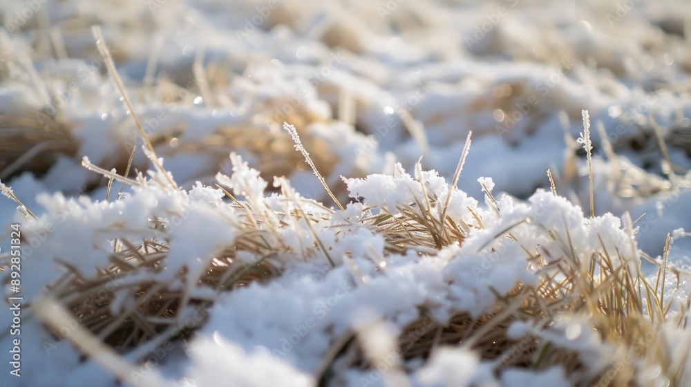 Fresh white snow on dry grass Fresh white snow on dry grass