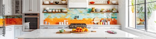 Bright kitchen with colorful backsplash, open shelving, and large island. Stunning, crisp, vivid, detailed, high-contrast, colorful, well-lit, sharp, realistic,