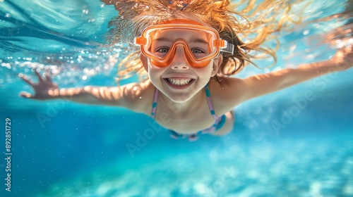 Close up view of a young girl gracefully swimming underwater in a calm and serene manner