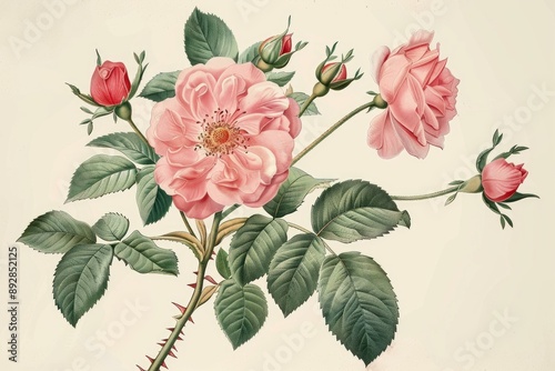 Elegant antiquestyle illustration featuring a blooming pink rose with buds and leaves