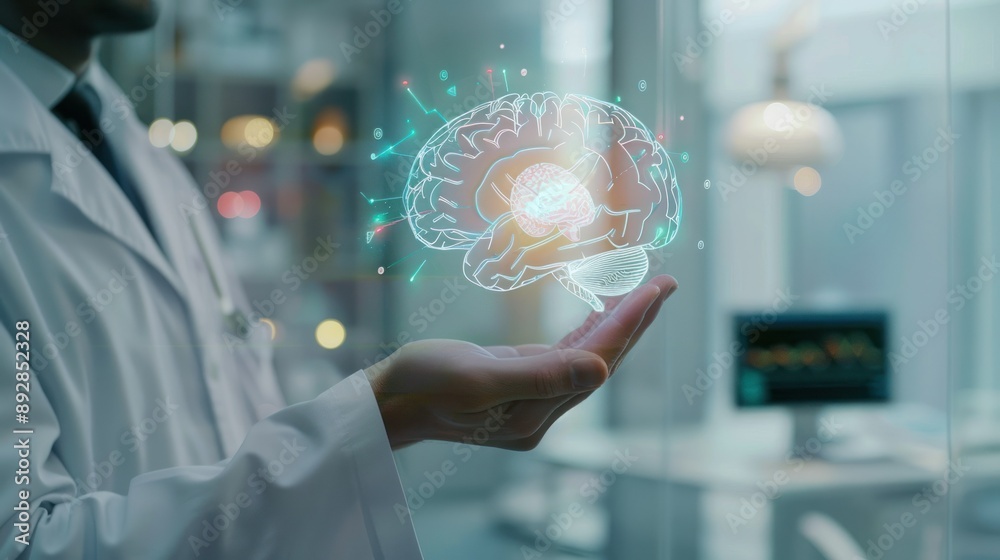 A doctor holding a glowing digital brain in their hand symbolizing medical advancements A doctor holding a glowing digital brain in their hand symbolizing medical advancements