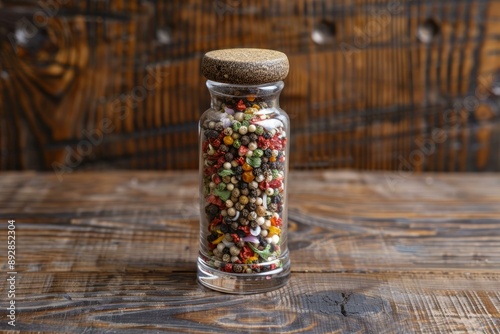 Clear glass jar filled with colorful mixed peppercorns, sealed with a cork top, on rustic wood