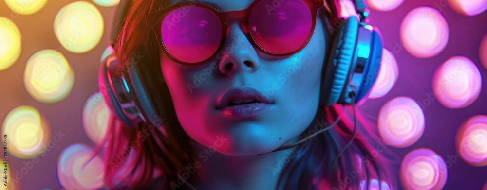 Portrait of a young woman wearing headphones and sunglasses with a colorful background Portrait of a young woman wearing headphones and sunglasses with a colorful background