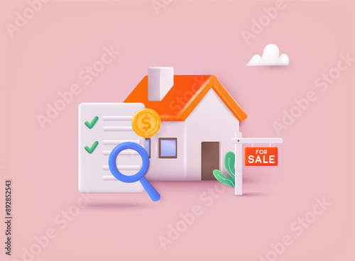 Buying a new home. The realtor shows the house for sale. Real estate agency, sale house concept. 3D Web Vector Illustrations.