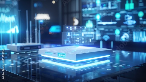 A futuristic router with glowing blue lights sits on a glass table with digital data flowing around it © Penatic Studio