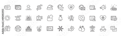 Web photo, Sunglasses and Bell line icons. Pack of Secret gift, Romantic gift, Present icon. Tickets, Sleep, Dog leash pictogram. Discounts cart, Image gallery, Honeymoon cruise. Line icons. Vector