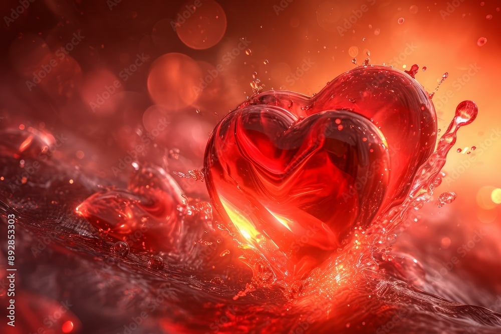 Luminous red heart shape splashing in liquid with sparkling droplets around it Luminous red heart shape splashing in liquid with sparkling droplets around it