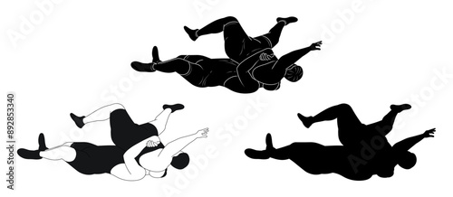 Wrestlers in a prone position after a blow, Greco Roman wrestling, duel, silhouette sketch