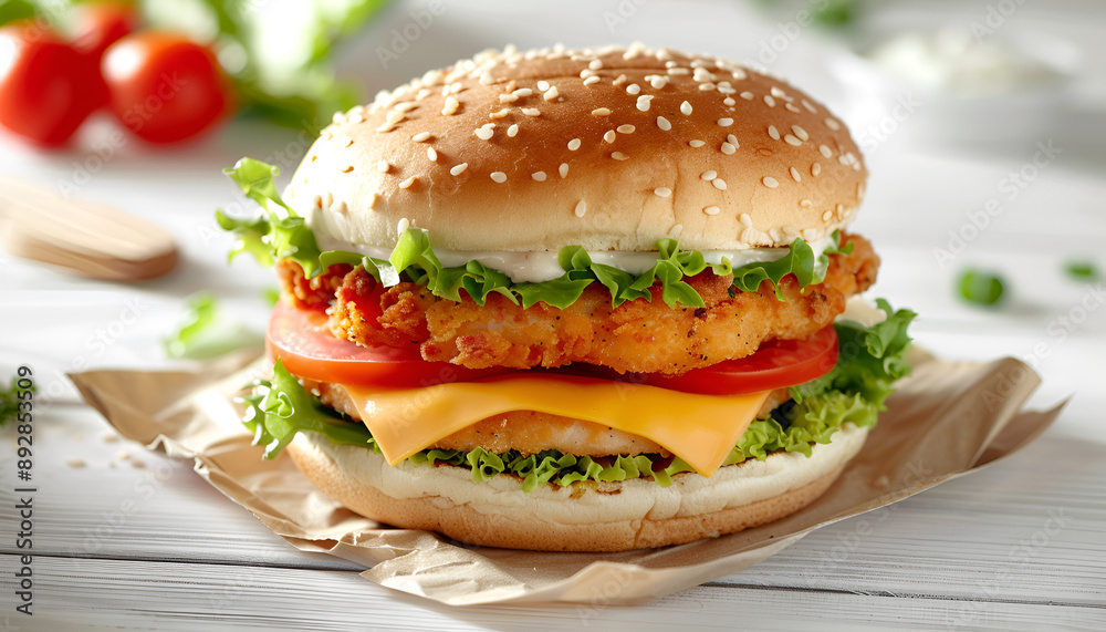 Sandwich with chicken burger, tomatoes, cheese and lettuce Sandwich with chicken burger, tomatoes, cheese and lettuce