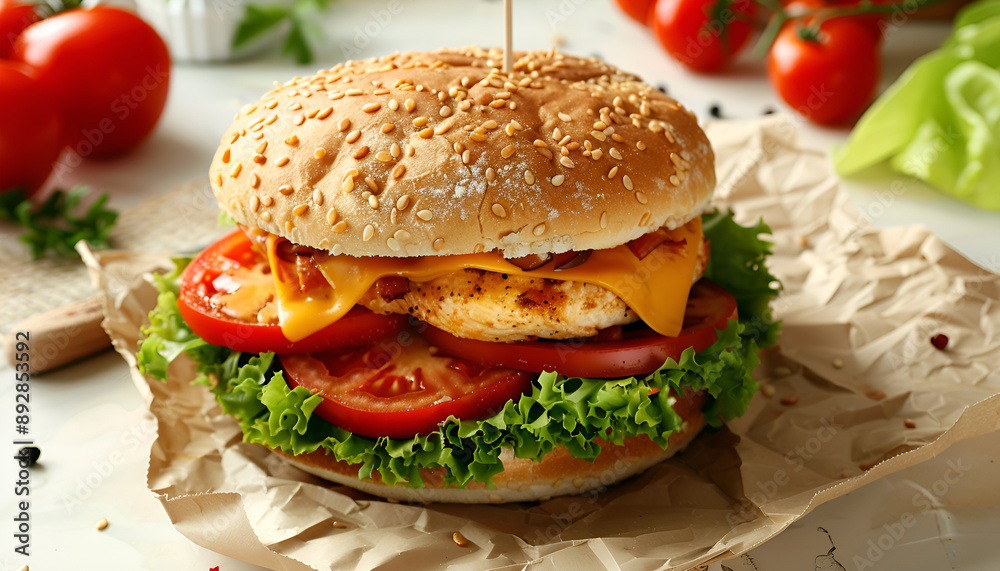 Sandwich with chicken burger, tomatoes, cheese and lettuce Sandwich with chicken burger, tomatoes, cheese and lettuce