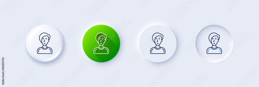 Woman line icon. Neumorphic, Green gradient, 3d pin buttons. User or businesswoman person sign. Female silhouette symbol. Line icons. Neumorphic buttons with outline signs. Vector