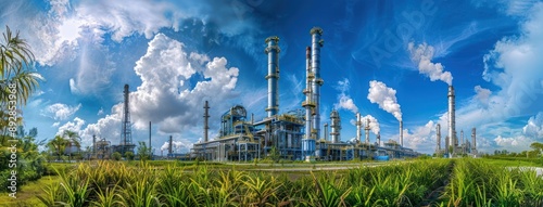 A sprawling industrial complex with tall smokestacks emitting plumes of white smoke set against a backdrop of a vibrant blue sky and fluffy white clouds