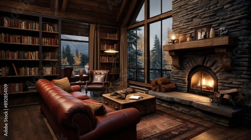 A cozy, cabin-inspired living room with a stone fireplace, a leather recliner, wooden bookshelves, and a bear skin rug. 