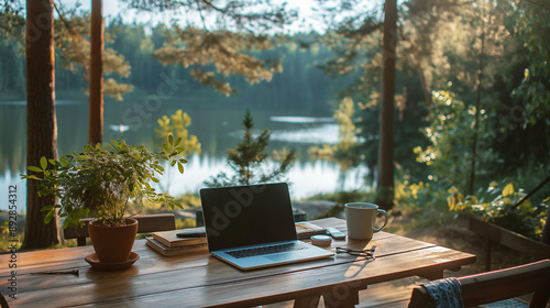 remote work, work in nature, workspace against the backdrop of a forest and a lake or river