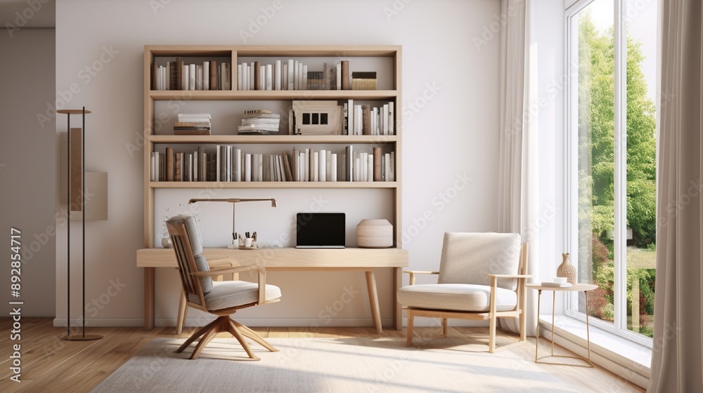 Fototapeta premium A minimalist, Scandinavian-inspired study with a simple wooden desk, a comfortable, neutral-toned armchair, and a bookcase filled with books. 