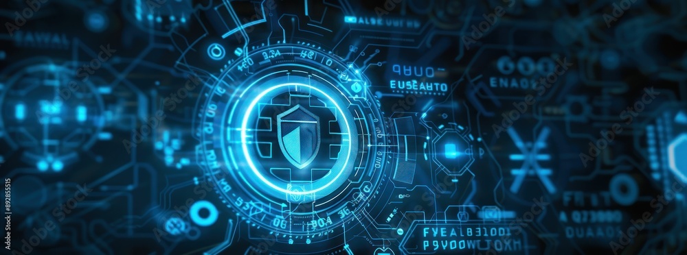 Futuristic cyber security system with shield icon and binary codes Futuristic cyber security system with shield icon and binary codes