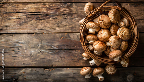 Mushrooms in basket, rustic wood background