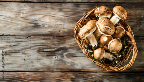 Mushrooms in basket, rustic wood background
