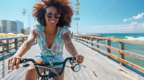 Stylish model with sunglasses riding a bicycle on a sunny beach boardwalk in summer.
