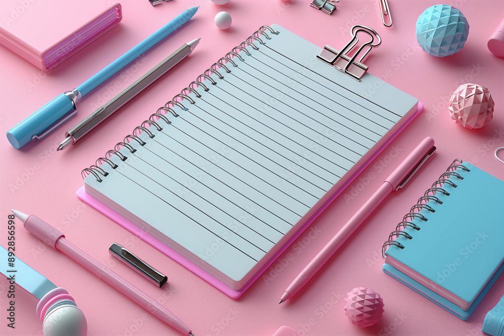 vector of a blank notebook surrounded by school supplies on a pastel background in a flat lay with copy space for text and illustrations. vector of a blank notebook surrounded by school supplies on a pastel background in a flat lay with copy space for text and illustrations.
