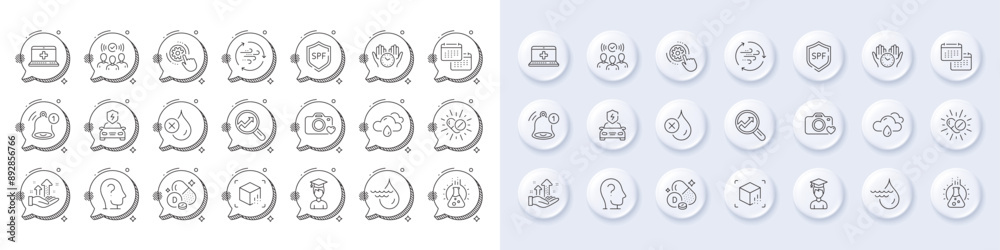 Student, Chemistry lab and Medical drugs line icons. White pin 3d buttons, chat bubbles icons. Pack of Medical help, Reminder, No waterproof icon. Vector Student, Chemistry lab and Medical drugs line icons. White pin 3d buttons, chat bubbles icons. Pack of Medical help, Reminder, No waterproof icon. Vector