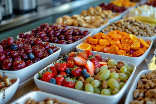 Assorted fresh fruits and nuts beautifully displayed in bowls, offering a healthy and colorful variety for any meal or occasion.