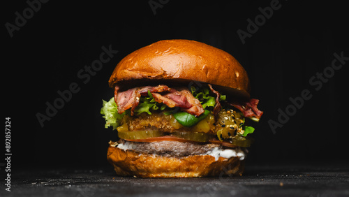 Big tasty burger on a dark background. Fast food, street food, American food