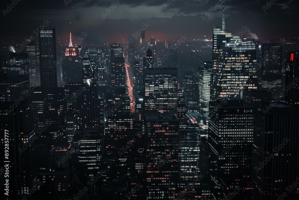 Breathtaking nocturnal urban panorama with illuminated highrises under a moody sky