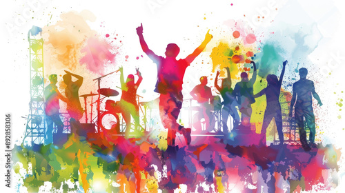 Φωτογραφία Silhouettes of a band performing on stage with colorful watercolor splatter pain