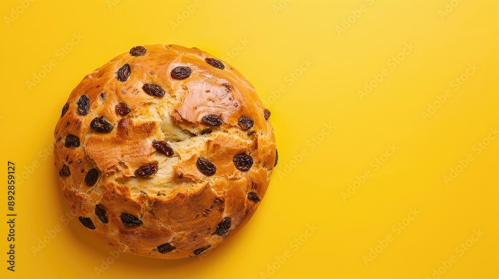 Circular Raisin Bread on Yellow Kitchen Table with Copy Space