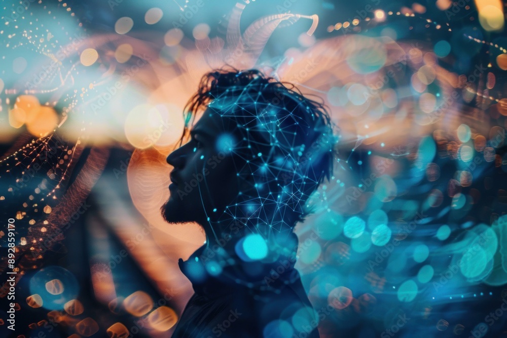 Conceptual portrait of a man lost in thought amid a dynamic backdrop of digital bokeh effects