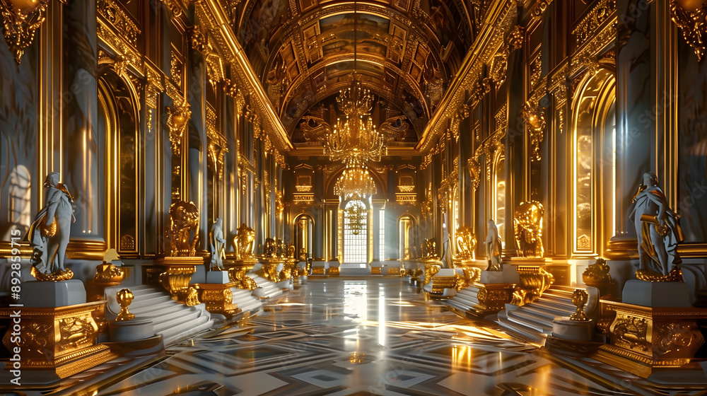 Fototapeta premium Golden Hallway With Statues and Chandeliers in a Grand Palace