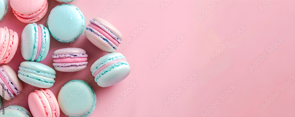 Obraz premium Close up banner of macaroons on blurred pink background with copy space. Top view pastel pink and mint macaron. French sweet meringue dessert with cream. Сoncept design for pastry, bakery, cafe