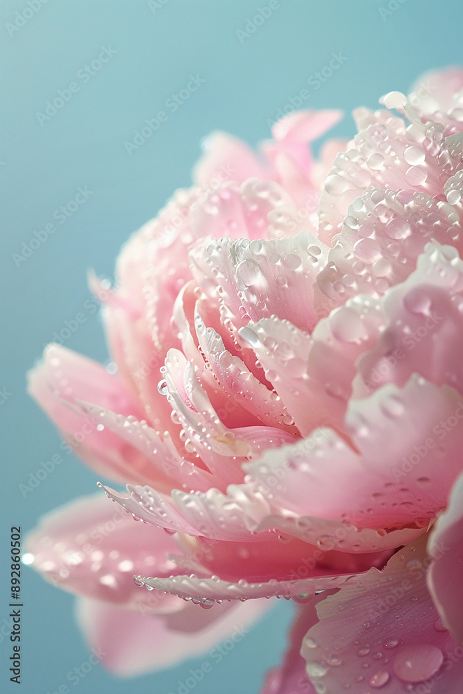 Soft pink flower with dew drops on its petals, set against a light blue background, representing purity and tranquility. Soft pink flower with dew drops on its petals, set against a light blue background, representing purity and tranquility.