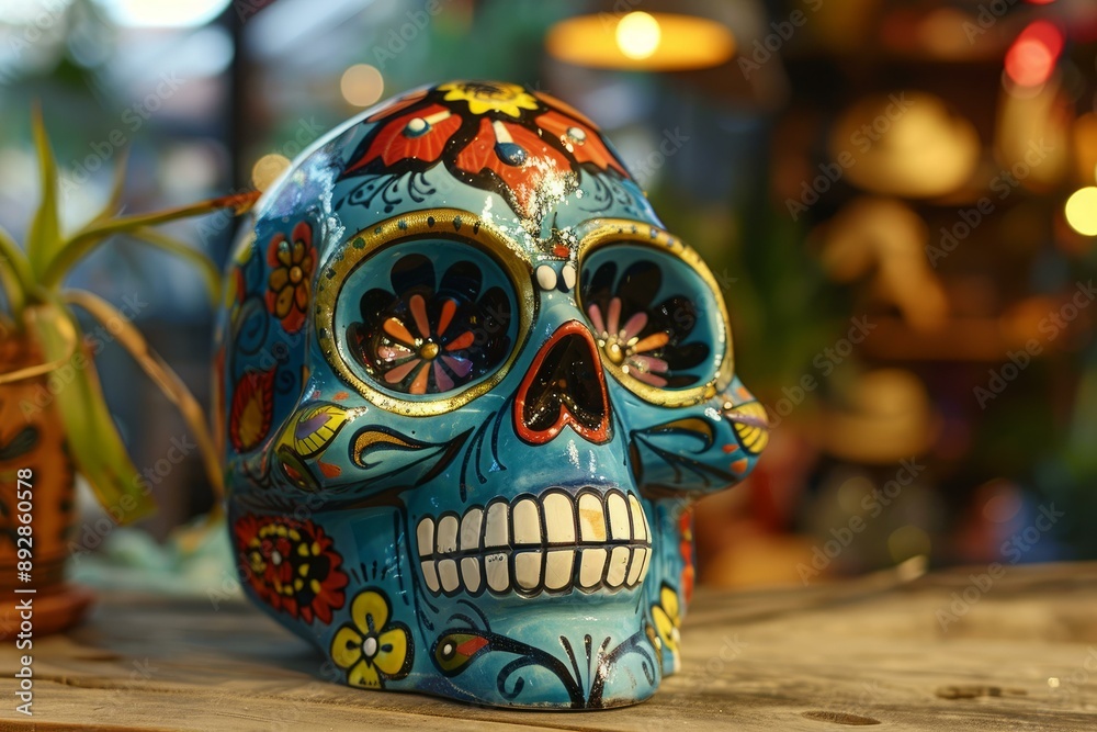 Detailed, handpainted mexican sugar skull displayed on a rustic wooden surface, representing the day of the dead Detailed, handpainted mexican sugar skull displayed on a rustic wooden surface, representing the day of the dead