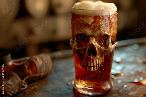 Unique skullshaped glass filled with amber beer, topped with a creamy foam head photo