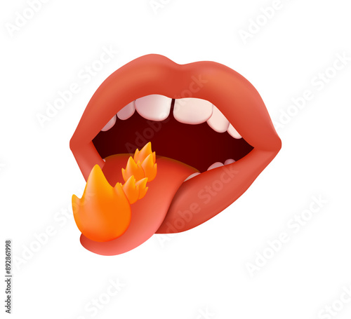 Eat spicy food. Heartburn in a mouth. With Flame On Mouth, chili, hot souce tabasko. super spicy food. 3D vector
