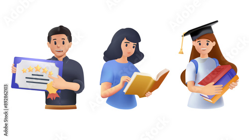 Education concept illustration in 3D style. Students who are doing various studies and students have received degrees