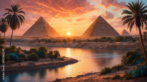 A breathtaking landscape of ancient Egypt with pyramids and the Nile River at sunset