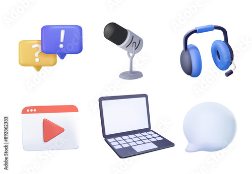 Headphones, microphone, laptop, equalizer, speech bubbles. Podcast recording and listening, broadcasting, online radio