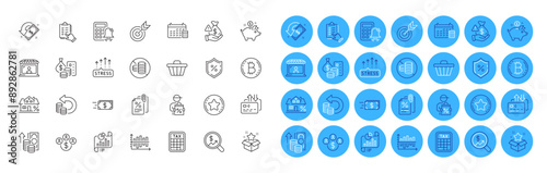Target, Saving money and Cash back line icons pack. Checklist, Report document, Bribe web icon. Cashback, Calculator alarm, Buying currency pictogram. Diagram chart, Tax calculator. Vector