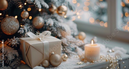 Gift Under Snowy Christmas Tree