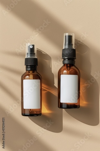 Two Amber Spray Bottles On Beige Background