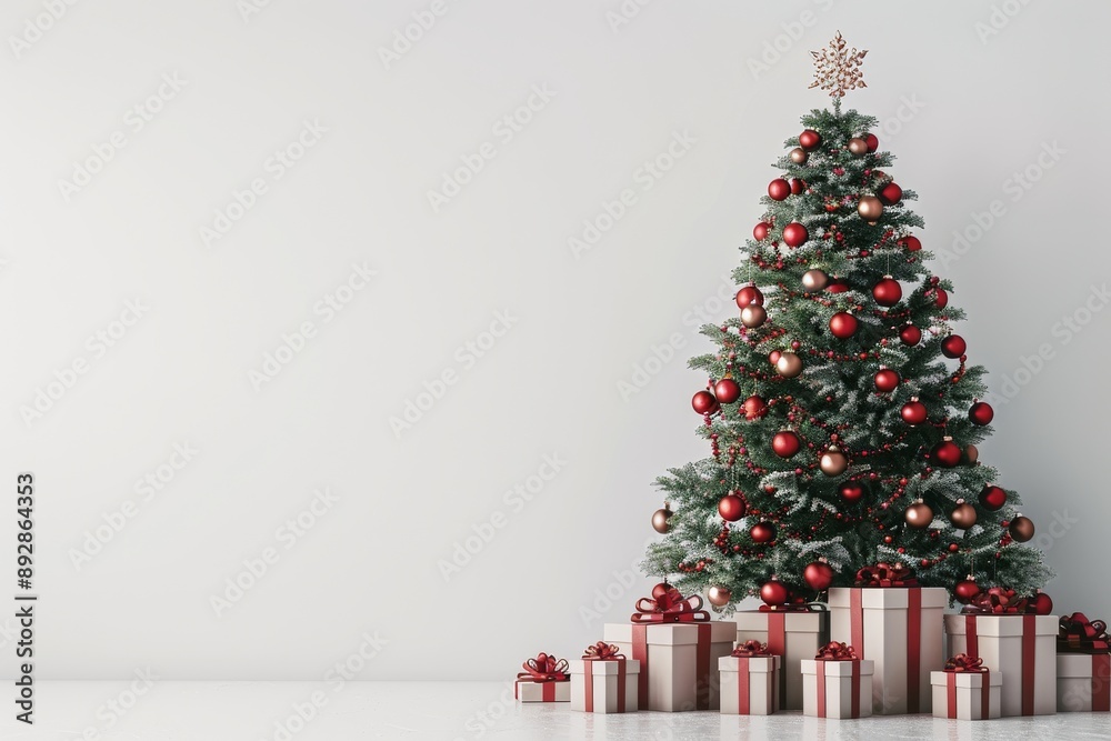 Decorated Christmas Tree With Gifts in a White Room Decorated Christmas Tree With Gifts in a White Room