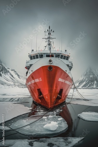 Orange Ship Docked in Antarctica