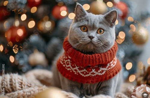 Grey Cat Wearing Christmas Sweater
