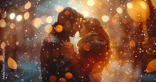 Couple Embracing in Snowy Night