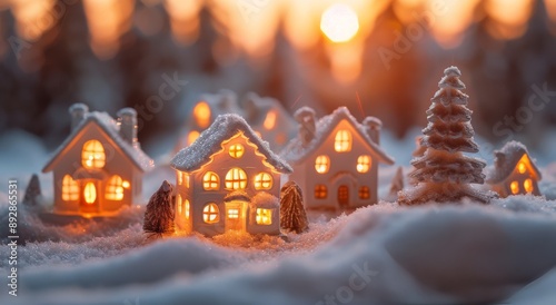 Miniature Village in Snowy Landscape at Sunset