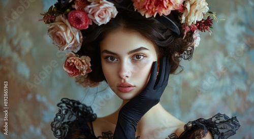 Woman Wearing Flower Crown and Gloves