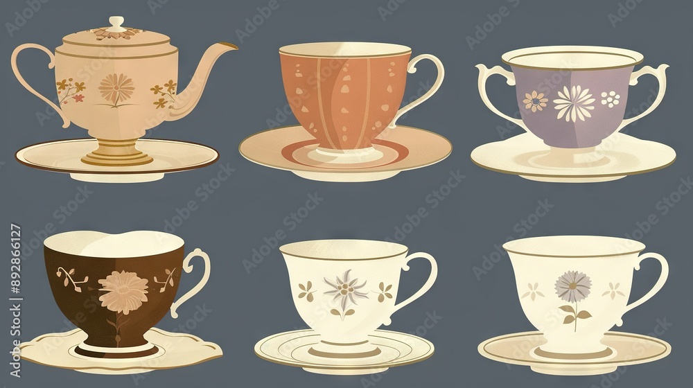 Four teacups and saucers on a saucer, including one cup with a saucer Four teacups and saucers on a saucer, including one cup with a saucer
